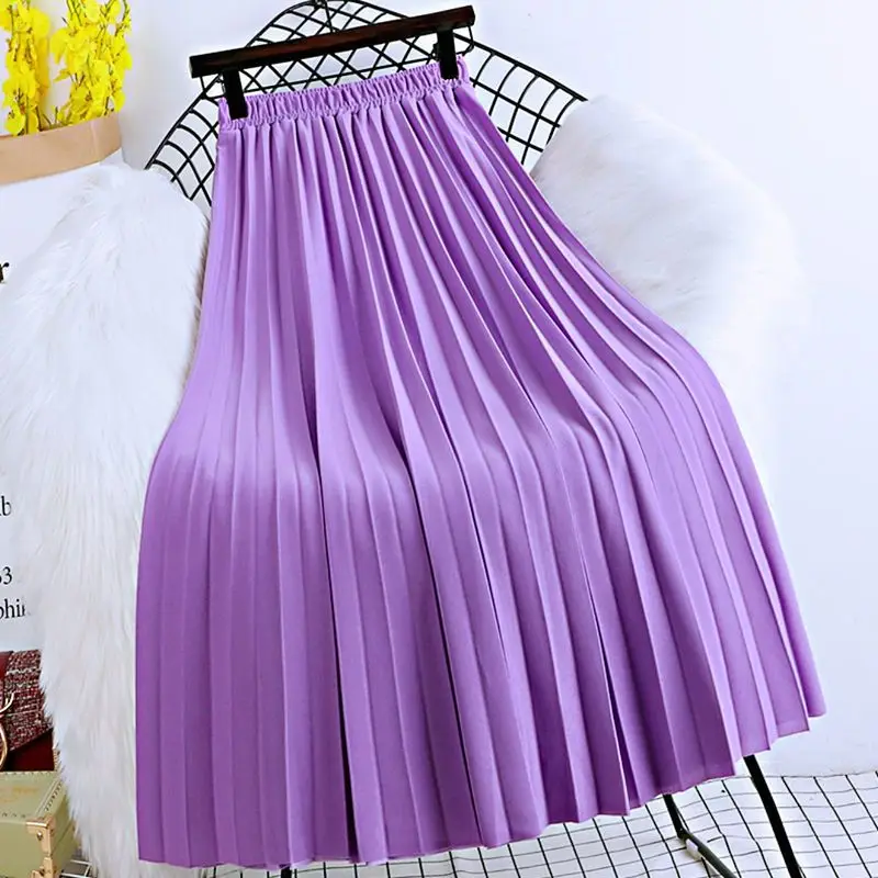 Women's Autumn and Winter New Fashion Elegant Solid Color Pleated Elastic High Waisted Temperament Versatile Mid Length Skirt