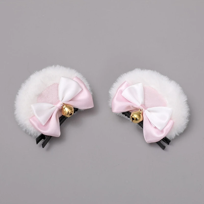 Hair Accessories Round Bear Ears Hair Clips Faux Fur Sweet Double Bowknot Bell Plush Animal Hairpins Anime Lolita Kawaii Cosplay Barrette Decor