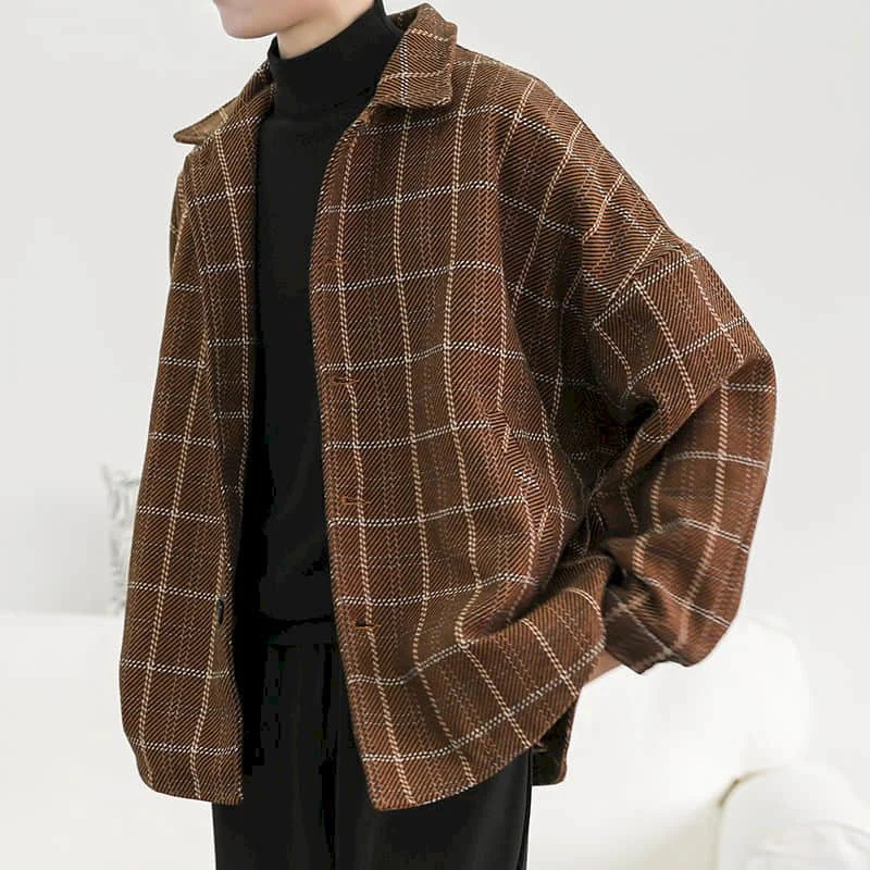 

Plaid Jacket Men's Autumn and Winter Thickening Korean Loose Student Hong Kong Style Chic Retro Temperament