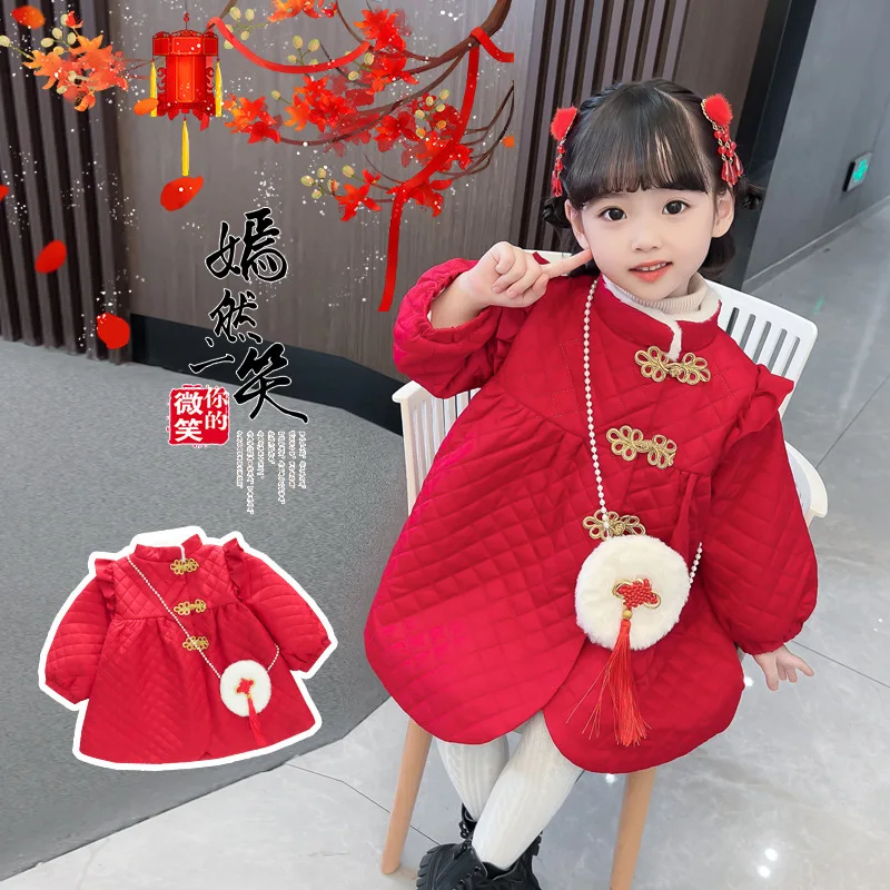 

Baby girls dress in winter in China red wind festival greetings qipao dress suit girl winter cotton-padded jacket