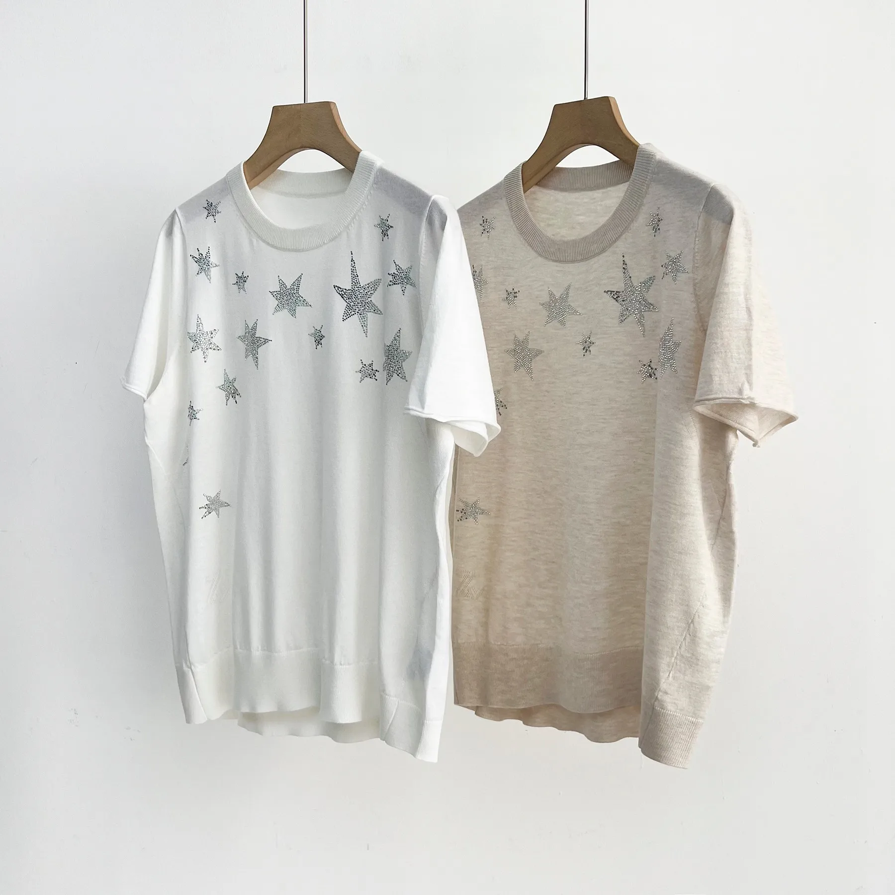 

New women's clothing for spring and summer 2023 Hot Drilling XINGX Wool Knitted Short-Sleeved Shirt 0513