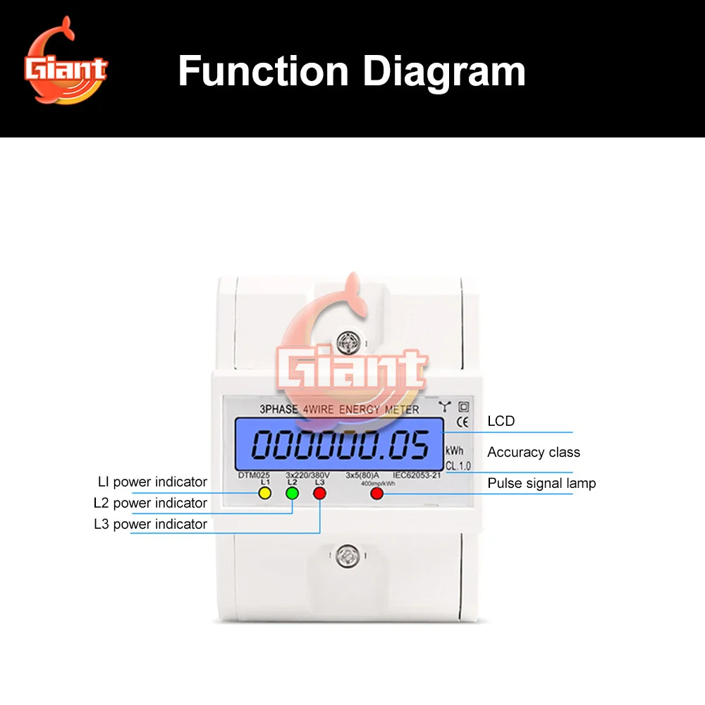 

DTM025 3 Phase 4 Wire Energy Meter 220/380V 5-80A Energy Consumption kWh Meter DIN Rail Installation Digital Power Meter