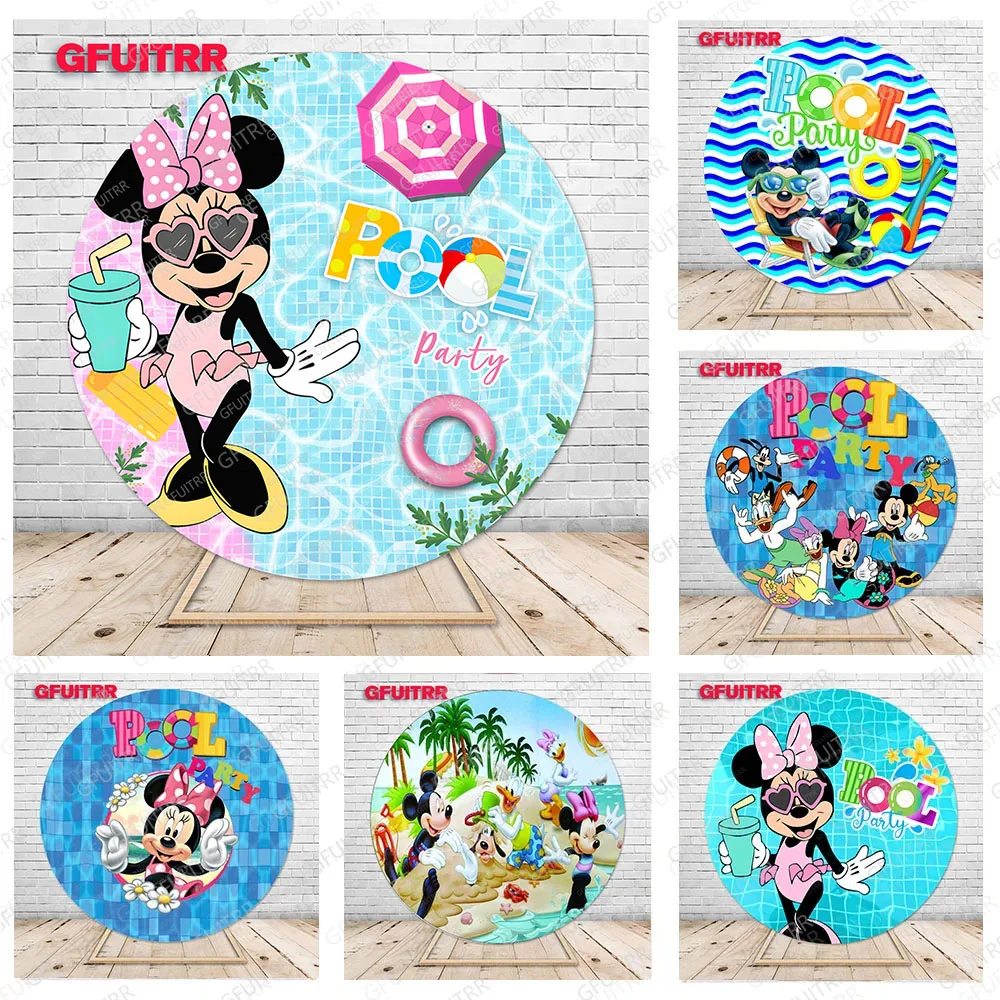 Rodada Mickey Minnie Mouse Contexto Fotografia Fundo Decoração de Capa de Círculo Props de Cabine Festa de Aniversário Infantil Festa na Piscina