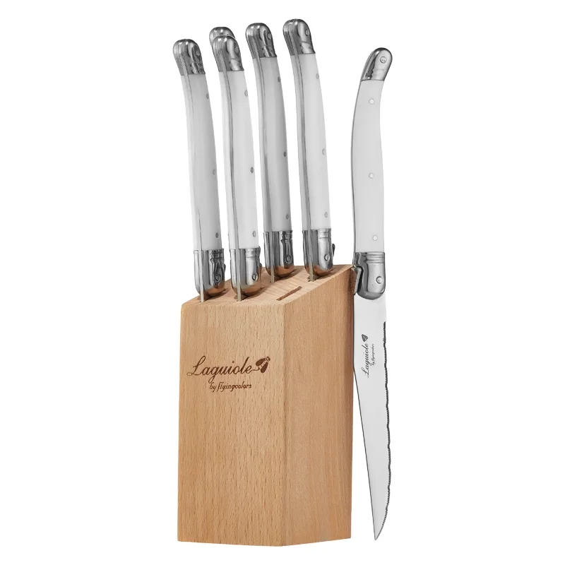Description Picture 4 of item6pcs/7pcs Stainless Steel Steak Knife Set Laguiole Steak Knives With Wooden Holder Steel Dinner Knife Colorful Xmas Cutlery Set