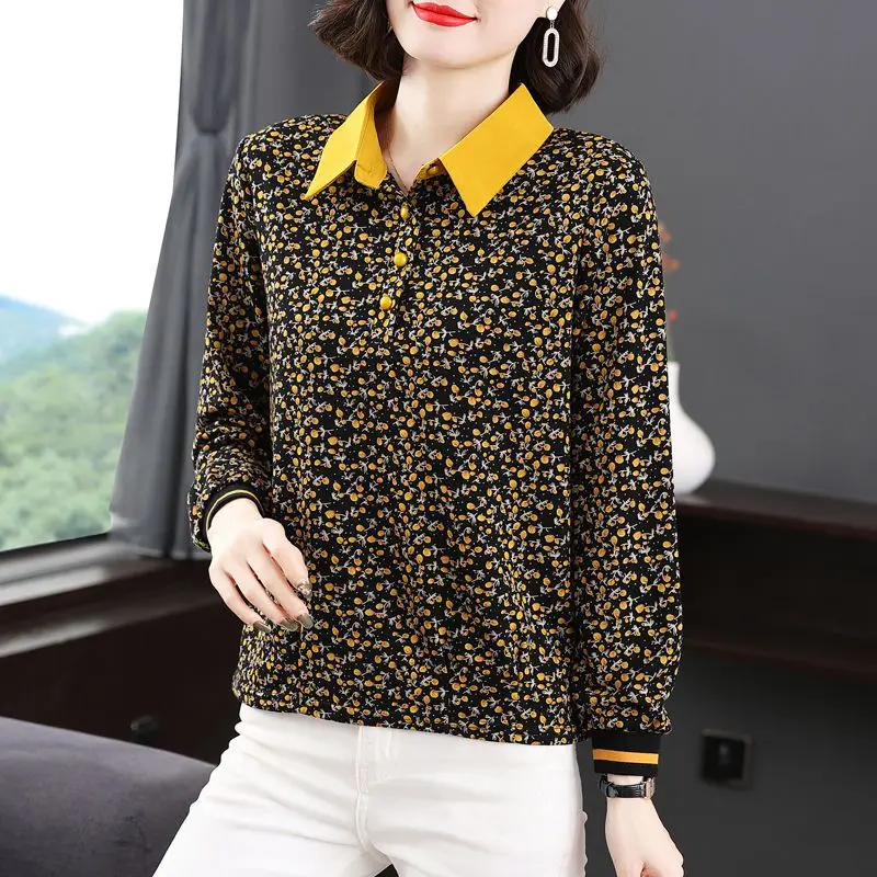 

Fragmented Flower Age Reducing Long Sleeve T-shirt Top Women Spring and Autumn Fashionable Loose Covering Bottom Blouse Shirt