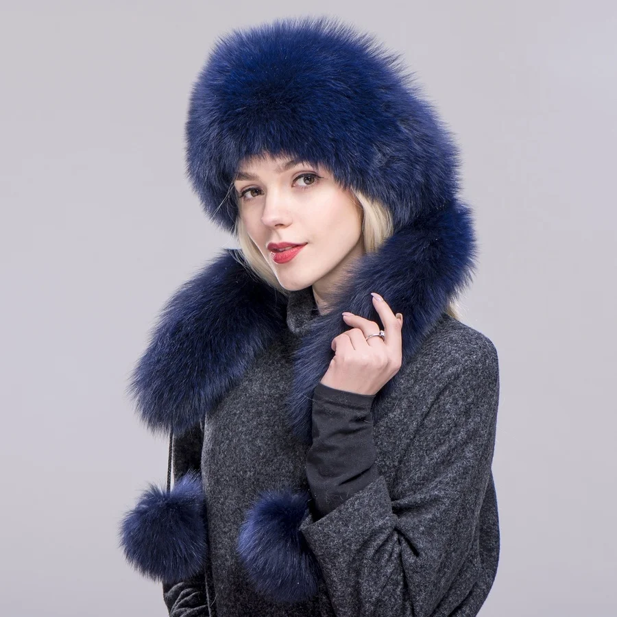

Bombers High quality Genuine Fox s Hat rex Rabbit Fur Top long fox Caps fur with Pompom Winter Female scarf Russian