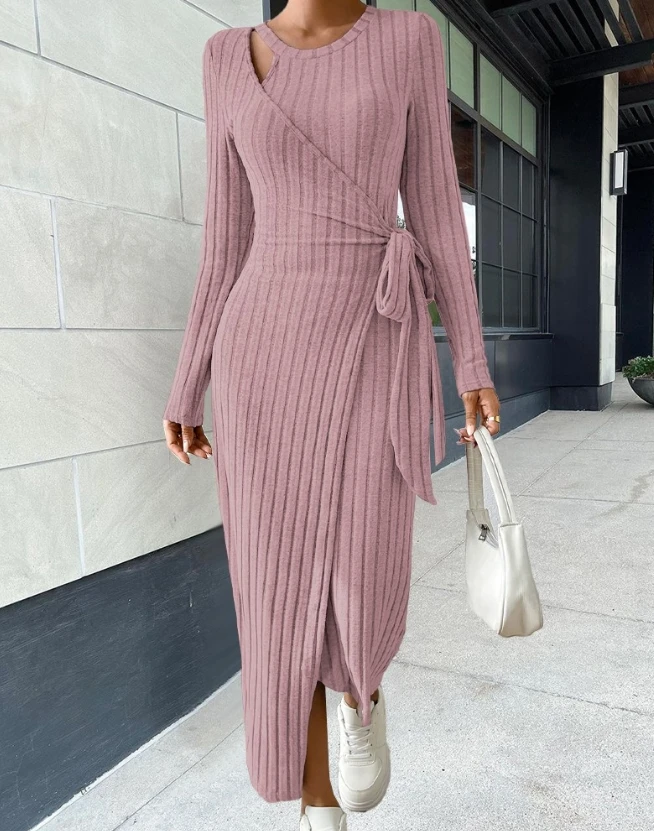 

Ribbed Tied Detail Wrap Casual Dress for Woman 2023 Autumn and Winter New Fashion Solid Color Long Sleeved Long Dresses