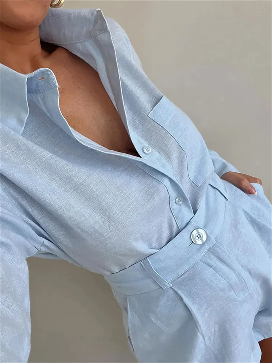 Fashion Cotton Linen Loose Short Shirts Sets Long Sleeve Lapel Blouse High Waist Casual Shorts Suit 2024 Highstreet Lady Outfits