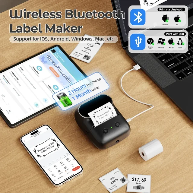 Thermal Label Printer Phomemo M108 Wireless Bluetooth Label Maker Printing Width 20-50mm Home School Office Similar as B1 B21 3