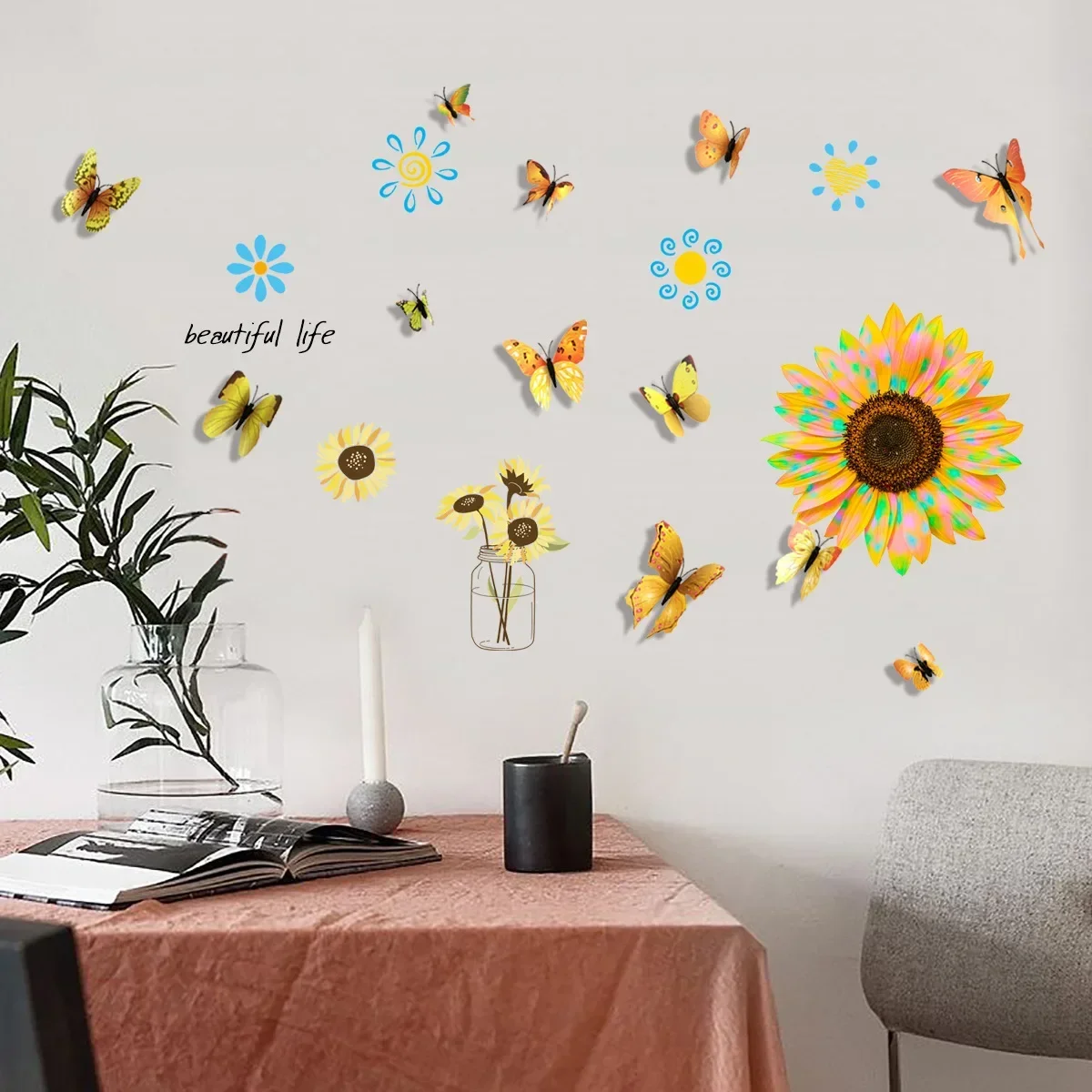 Sunflower Wall Sticker with 12pcs Colorful Butterflies Creative Living Room Bedroom Background Decor 30x60cm