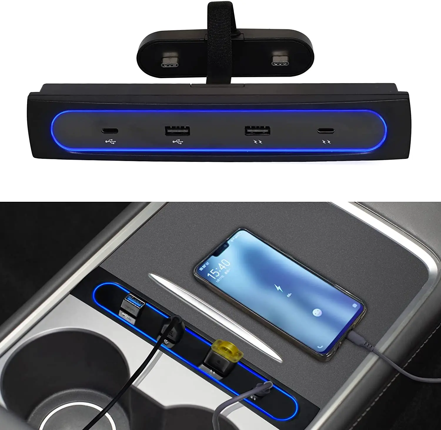 

For Tesla Model Y 2022 2021 Tesla Model 3 USB Hub 4-in-1 LED Tesla Intelligent Docking Station Center Console Car Accessories