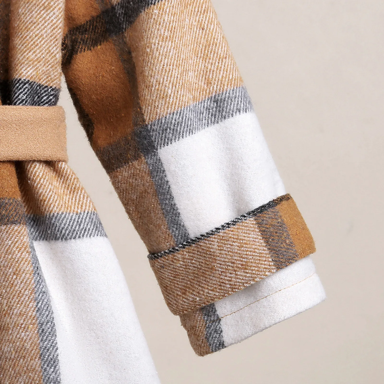 Autumn Winter Kids Girls Wools Jacket Long Sleeve Turn-down Collar Button Waist Belt Fashion Closure Plaid Patchwork Coats