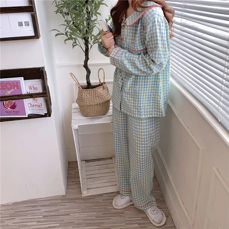 Women Long-Sleeved Pajamas Spring Autumn Summer Casual Thin Korean Ins-Style Student Plaid Doll Collar Loungewear