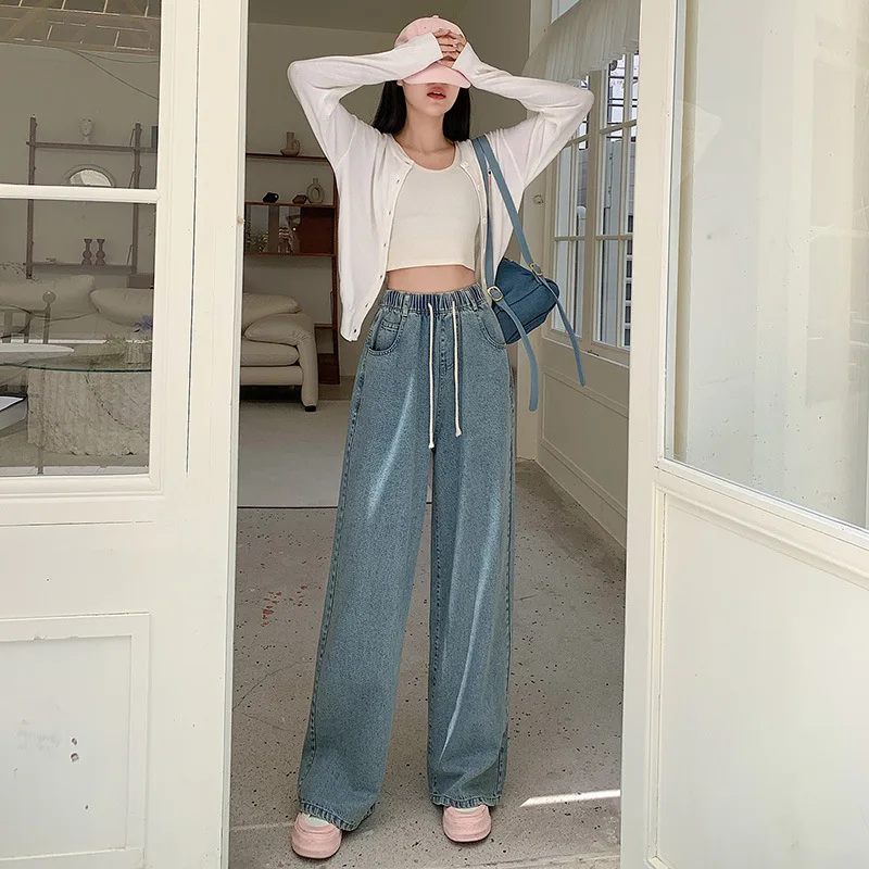 Casual Jeans for Women Wide Legged High Waisted Elastic Retro Cotton Straight Mopping Pants Korean Popular Clothes Luxury