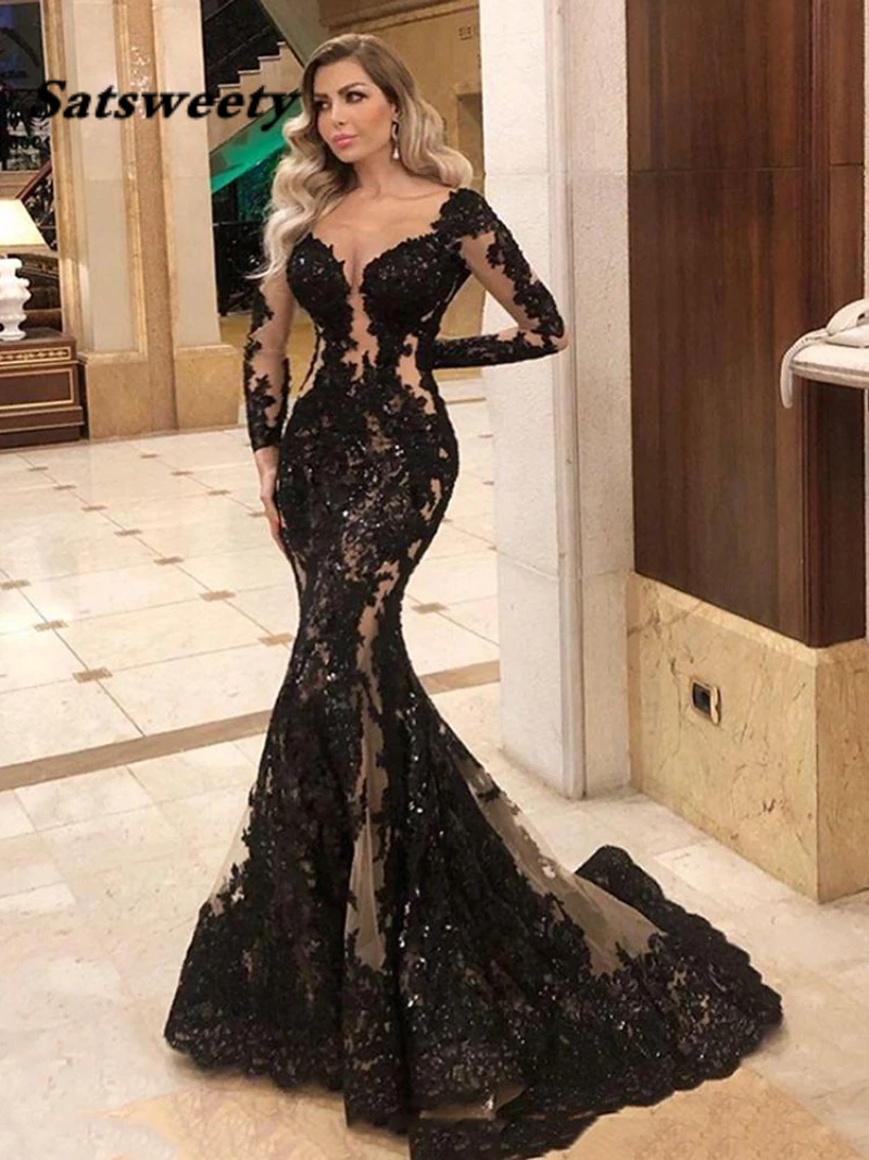 

Sexy Black Mermaid Evening Pageant Dresses Illusion Long Sleeve Lace Sequins Applique Sheer Fishtail Occasion Prom Wear Gowns