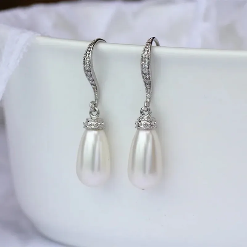 

Elegant Drop Imitation Pearl Earrings Fashion Metal Silver Color Inlaid White Zircon Crystal Dangle Earrings for Women Jewelry