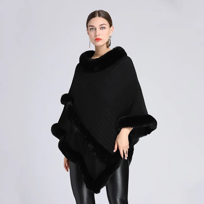 Autumn winter new imitation otter rabbit fur collar Capes  Pullover  Women Knit  Poncho Lady Capes Black Cloak