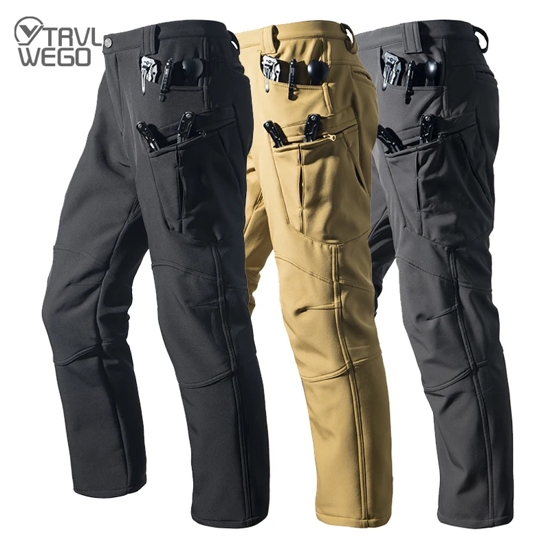 TRVLWEGO Tactical Men Winter Autumn Fleece Waterproof Cargo Pants Hiking Camping Softshell Climbing Trekking Casual Warm Combat hiking pants fleece pants