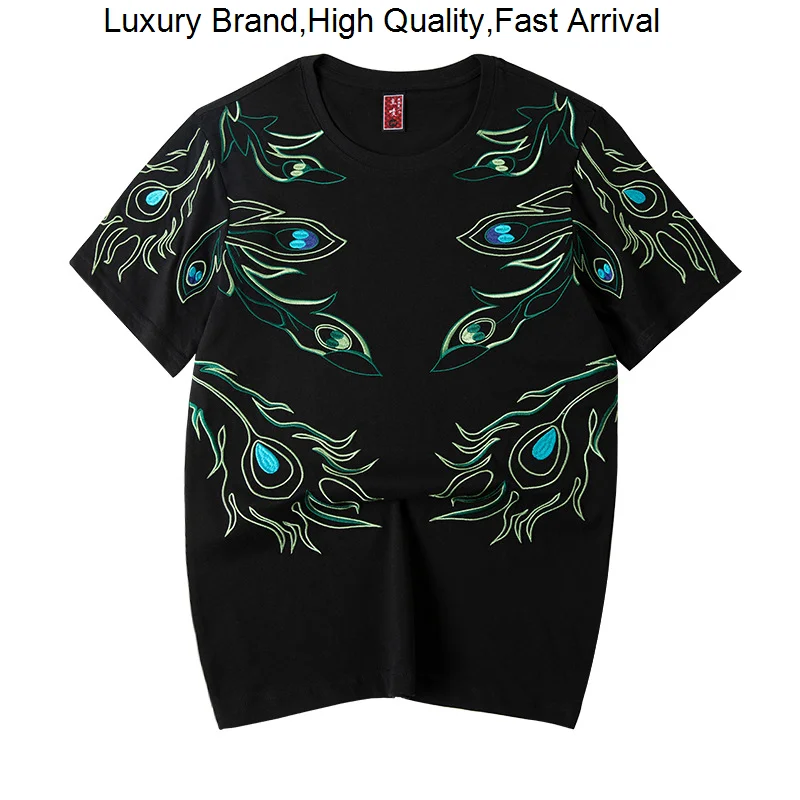 

Chao Guo Summer Short Sleeve Peacock Embroidery Cotton Men and Women Couple rending T -shirt