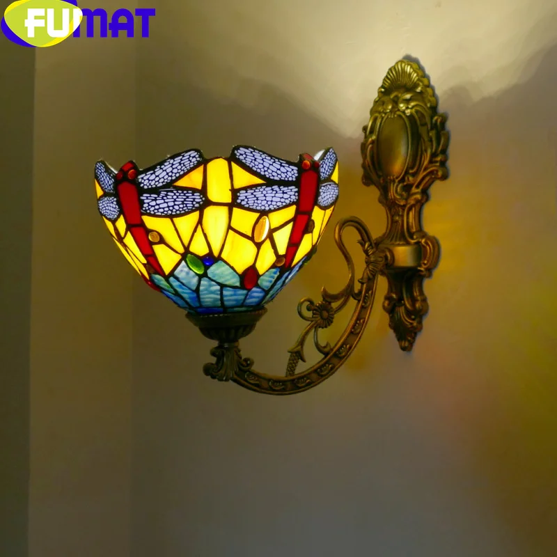 

FUMAT Tiffany style Dragonfly stained glass retro wall lamp for decor lamp Bedroom bedside lamp living room hallway LED light