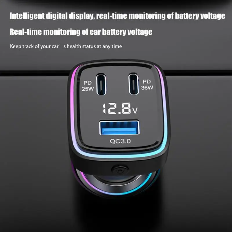 Caricabatterie per Auto con Adattatore USB C, Ricarica Rapida, 3 Porte, con Indicatore di Tensione - immagine 5