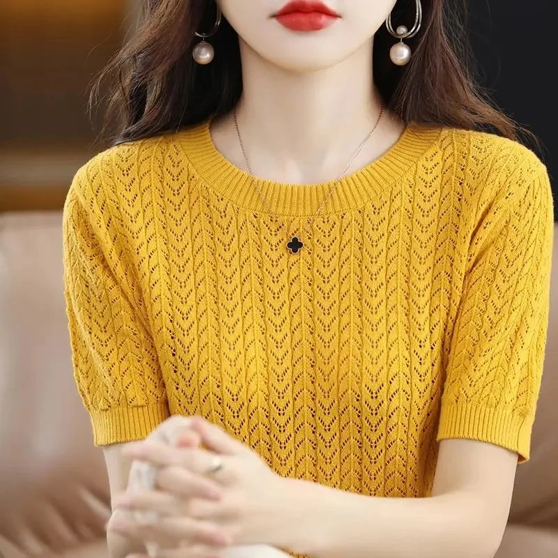 용수철 여름 여성용 반팔 스웨터, 한국 패션 니트웨어, 슬림핏 보터밍 셔츠, 캐주얼 O-넥 풀오버 니트 탑