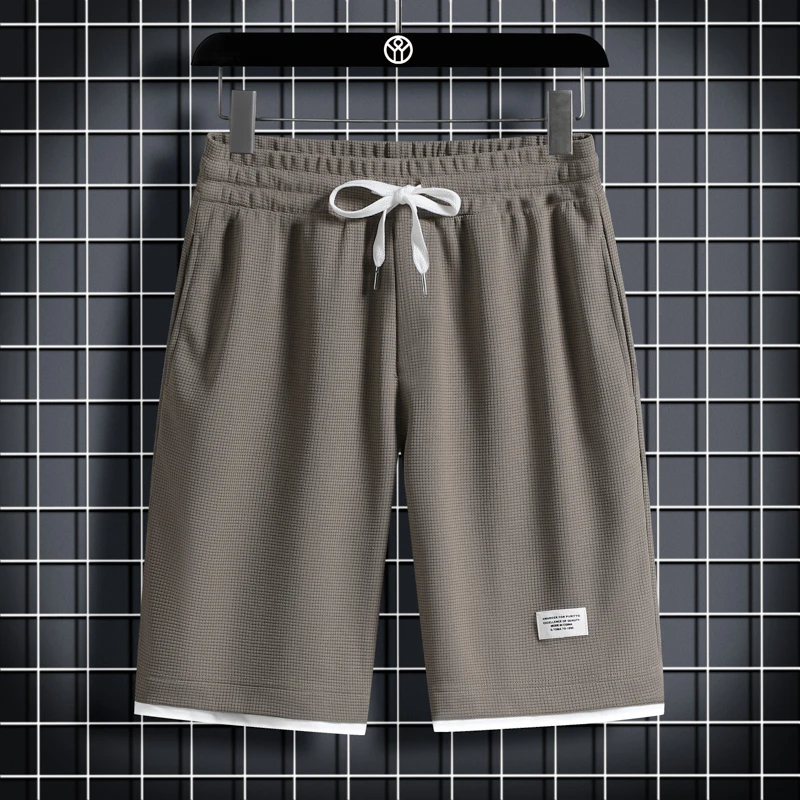 Minimalist Summer Solid Men's Waffler Elastic Waist Drawstring Pockets Fashion Thin Style Loose Knee Length Casual Shorts
