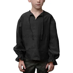 Child Renaissance Costume Ruffled Long Sleeve Lace Up Medieval Steampunk Pirate Shirt Cosplay Prince Drama Stage Tops For Kid