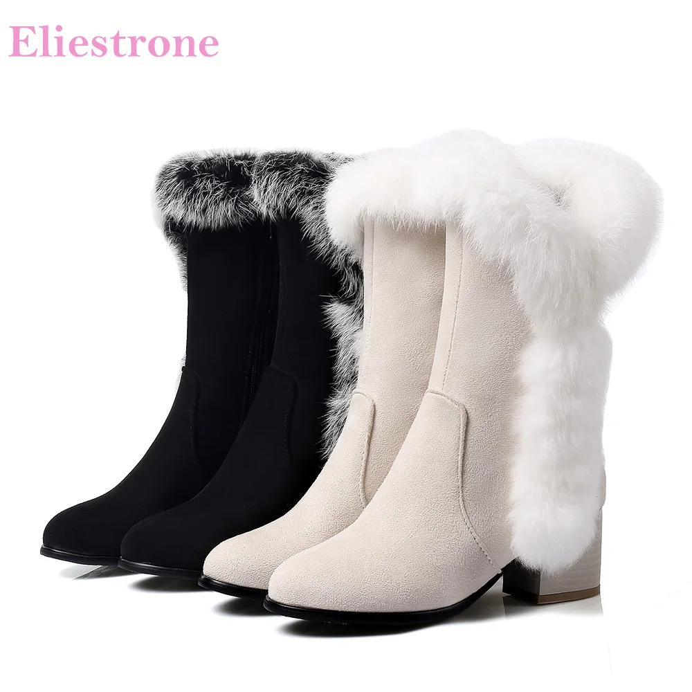 

Hot Sales New Cold Black Beige Women Snow Boots Rabbit Fur Lady Winter Nude Ridding Shoes Med Heel Plus Big Size 10 32 45