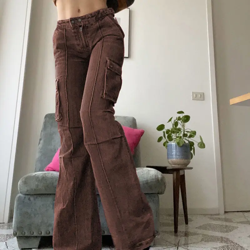 Cargo Pants Women Vintage Streetwear Flared High Waisted Jeans Casual Wide Leg Baggy Jeans Women ripped jeans