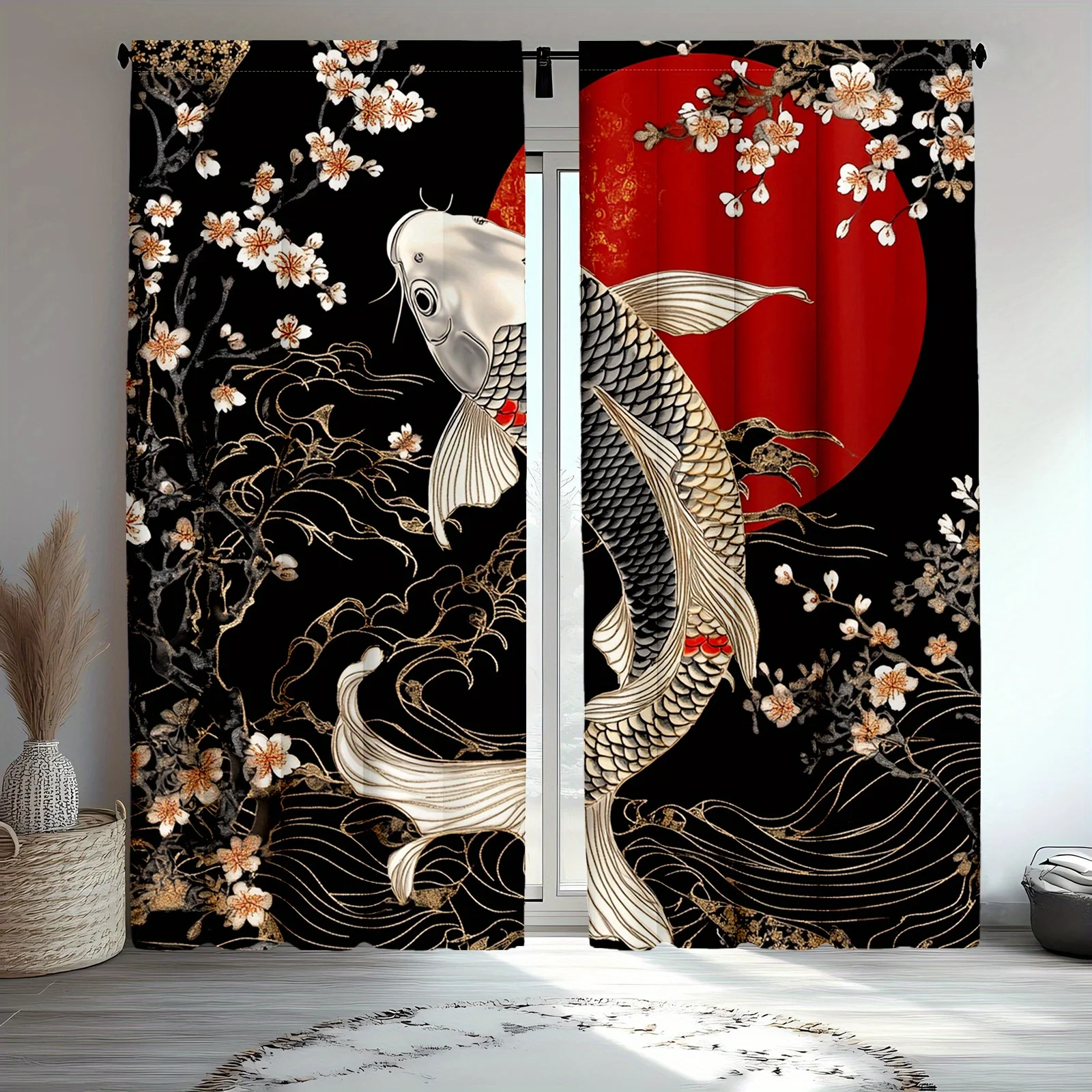 ผ้าม่านลายปลาคาร์ฟสไตล์ญี่ปุ่นย้อนยุค 2 ชิ้น ใช้ได้กับผ้าม่านหน้าต่างแบบกึ่งโปร่งแสง ลายปลาคาร์ฟและคลื่นทะเล/ซัน/เชอร์รี่ บลอสซอม 1