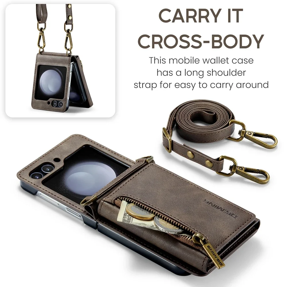 Crossbody Leather Wallet Case with Card Slot and Zipper Lanyard
