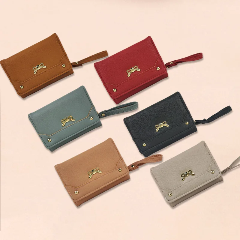 

Fashionable Solid Color Women's Wallet with Bow Short Card Holder Multifunctional PU Leather Wallet Female Coin Purse Handbag