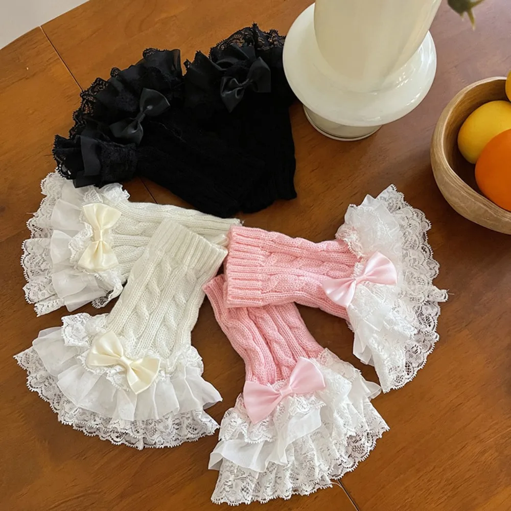 

Acrylic Fibers Lolita Gloves New Bow Knot Y2k Ankle Sleeves Lace Hand Sleeves Female/Girls