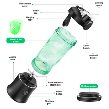 600ml Portable Mini Blender,USB Rechargeable Small Smoothie Blender,Large Capacity Travel Blender Portable Smoothies,Blends Ice 6