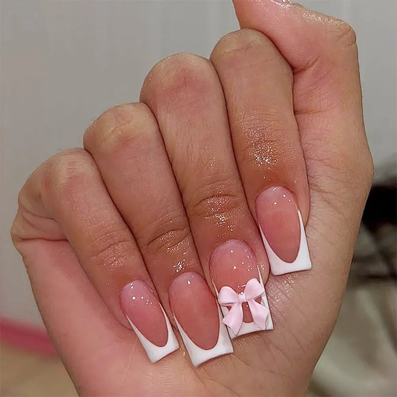 Elegant White French Press On Nails with Bowknot Design