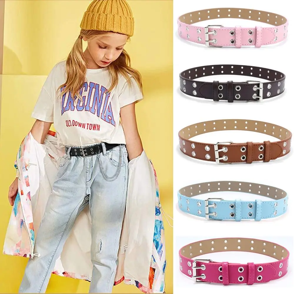 Belt Children Punk PU Leather Double Holes Metal Pin Buckle Waist Strap Casual Jeans Dress Decoration