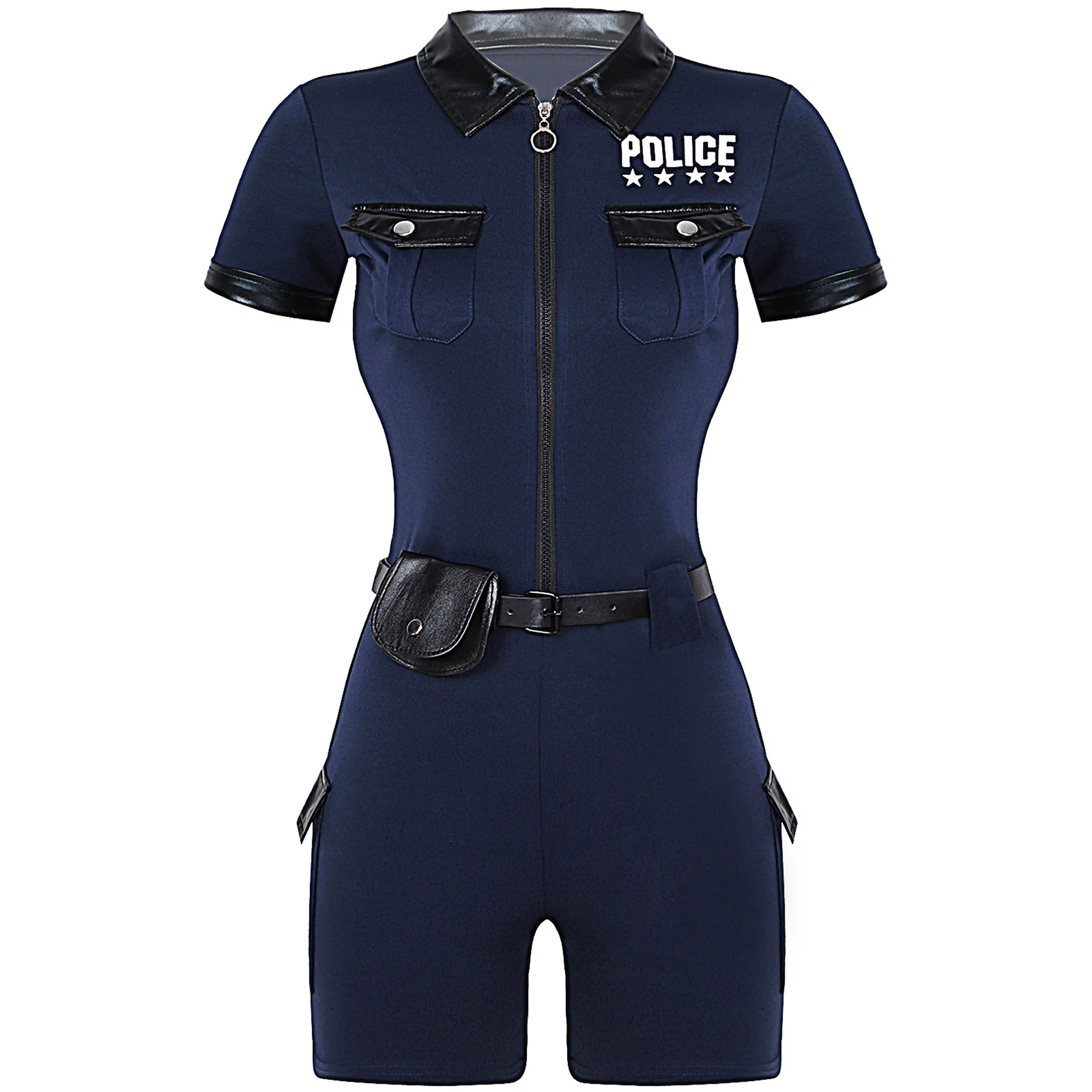 Womens Cop Officer Outfits Policewoman Role Play Costume Zipper Short Sleeve Jumpsuit with Belt Purse Hat Cuffs Police Uniform