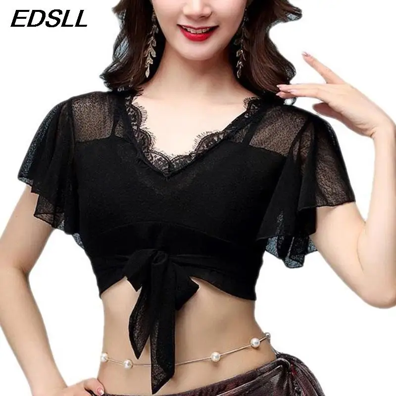 

Adult Belly Dance Clothes Tops Women Sexy Lace Top Front Cross Crop Halter Deep V Neck Flare Sleeve Top Goddess Costume
