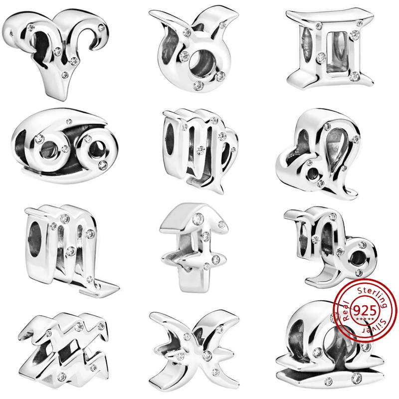 

Sparkling 925 Sterling Silver Zodiac 12 Constellation Beads Aries Cancer Libra Charm Fit Original Pandora Bracelet Jewelry Gift