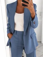 Women’s Sets Two 2 Pieces Sale Casual Pocket Single Button Blazer Jackets& High Elastic Waist OL Workwear Wide Leg Pant Suits