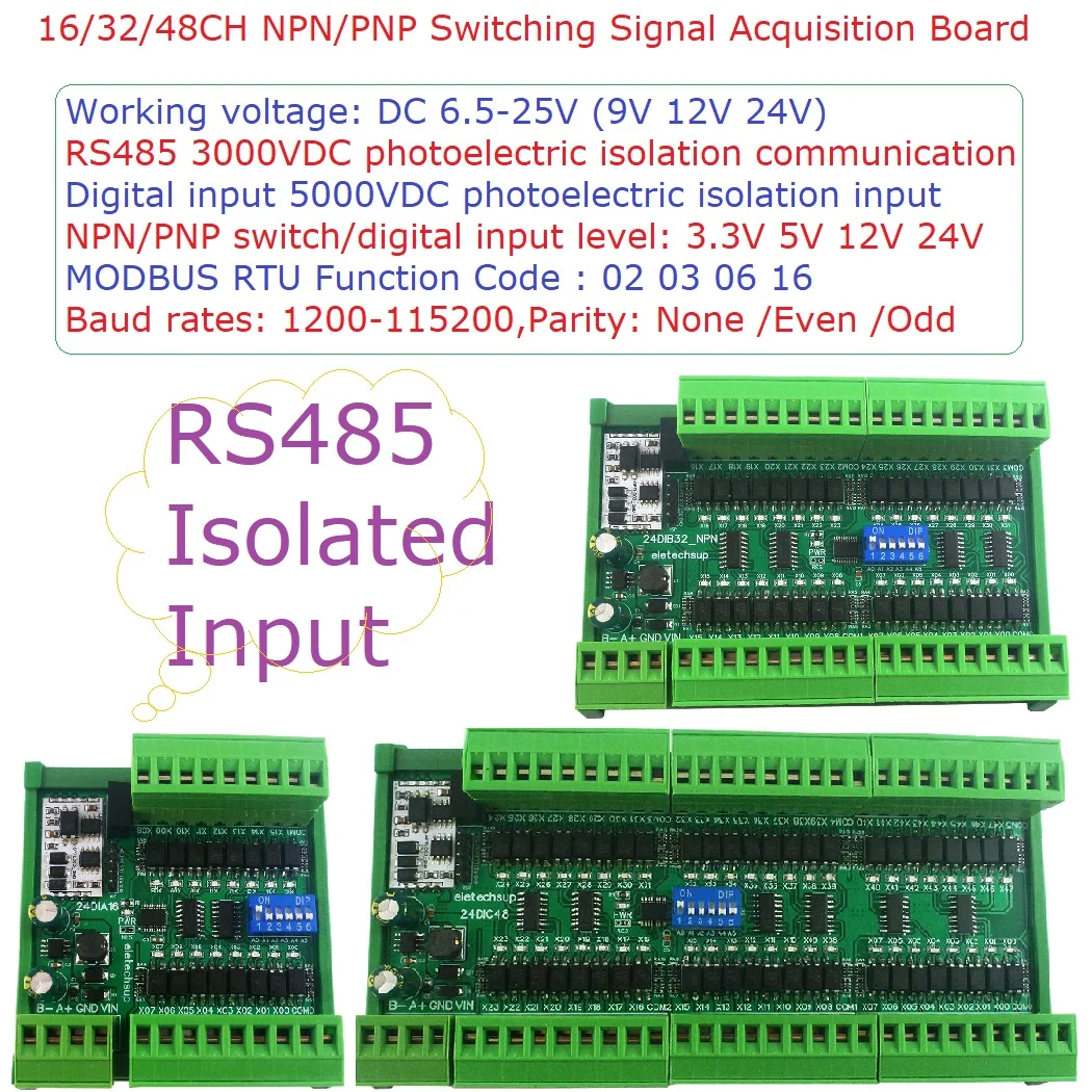 

RS485 Modbus RTU Module 16-48 DI NPN/PNP Digital Switch PLC IO Expansion Board 3000VDC Optical isolation Input