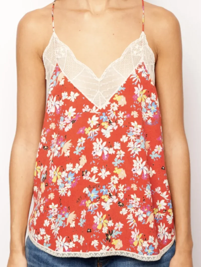 

Women Red Camisole Floral Print Lace Stitching V-Neck Sleeveless Sexy Summer 2024 100% Viscose Tank Tops