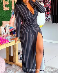 Vestido longo feminino primavera 2022 novo listrado com decote em v alta dividir vestidos sexy