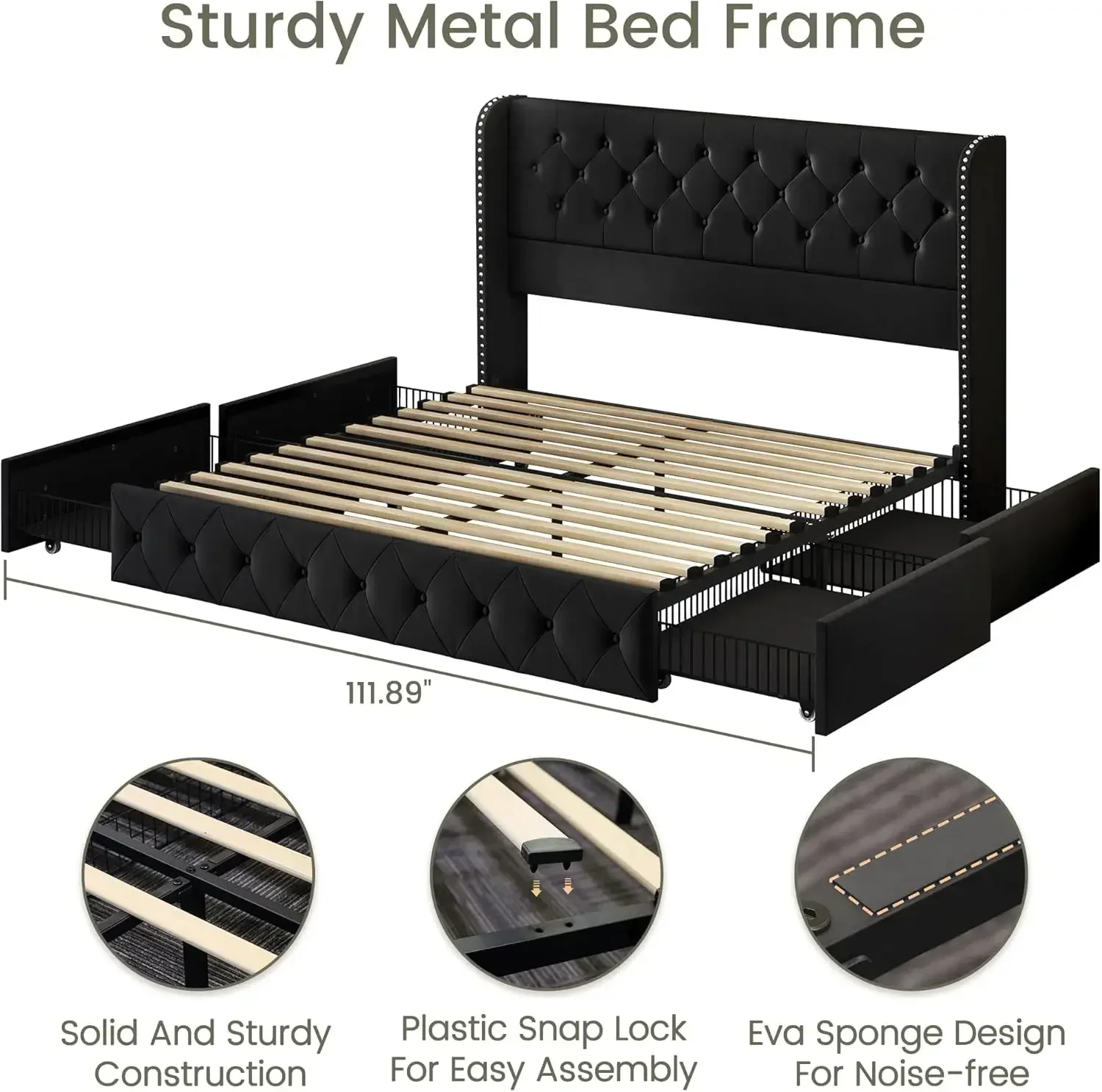 King Size Bed Frame with 4 Storage Drawers and Tufted Headboard Velvet Upholstered Wingback Beds , Black