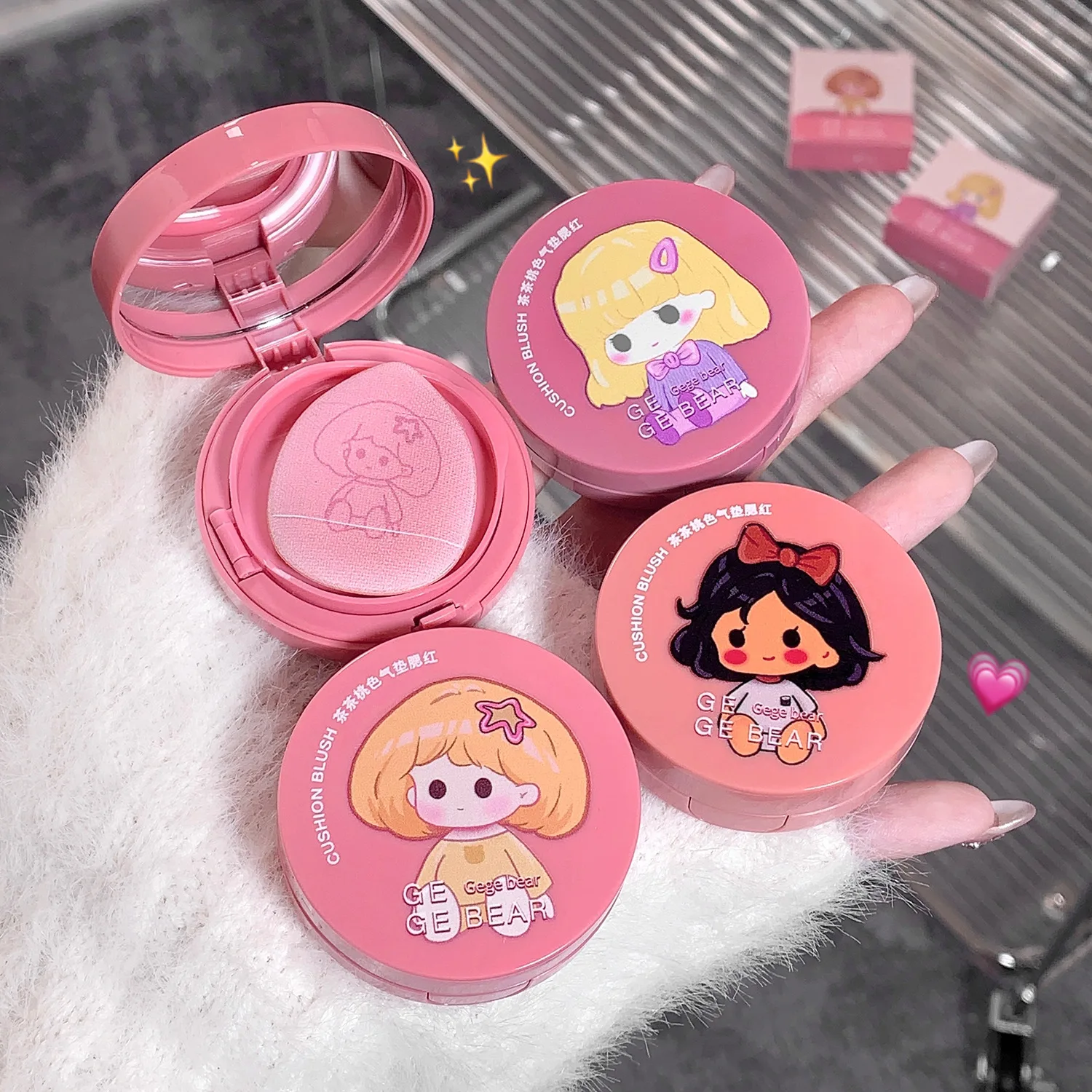 Gege Bear Air Cushion Blush Cream Waterproof Lasting Natural Cream Cheek Tint Blush with Puff Peach Pink Rouge Girl Blush Makeup 2