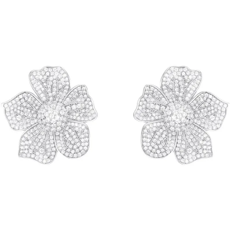 Huitan Übertreibung große Blumen-Ohrstecker, ästhetische Accessoires für Frauen, voll funkelnder Zirkonia, Hochzeit, Luxus-Schmuck – Detail 14