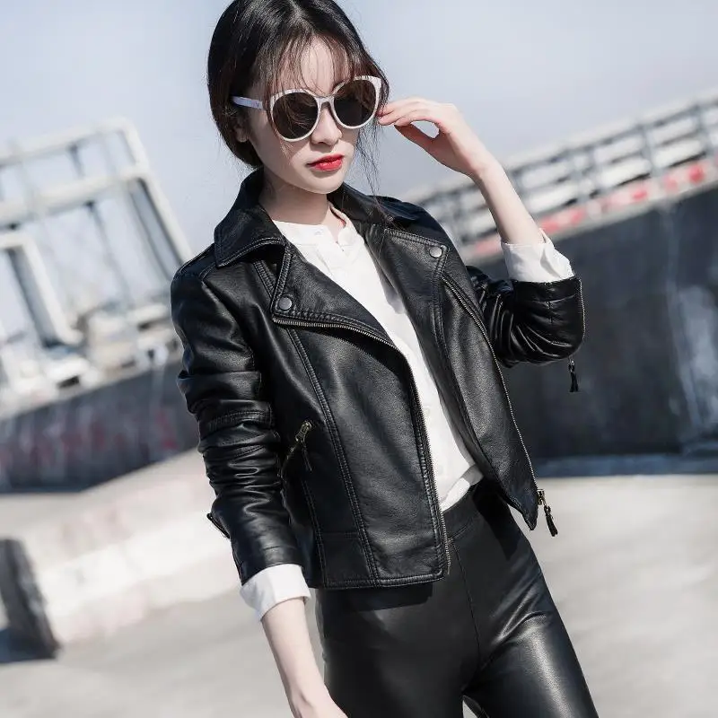 Motor Biker Jacket Women 2023 Faux Leather Black Coat Spring Autumn Zipper PU Short Top Wholesale Slim Fit Outwear