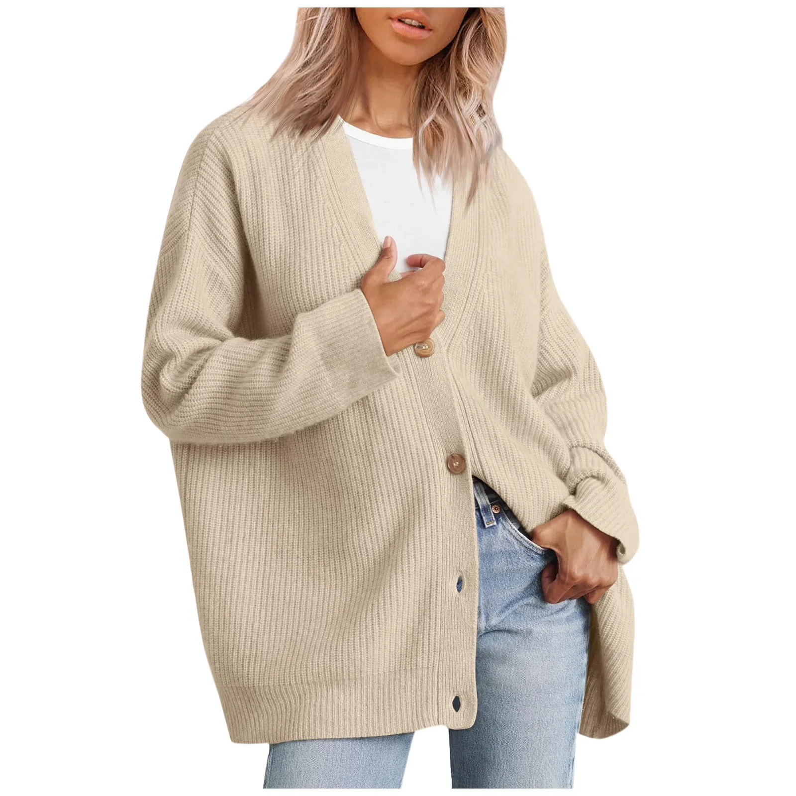 

Women Sweater Spring and Autumn Simple Cardigan Sweater Casual Single Breasted Loose Knitted Cardigan Clothes V-neck Women Coats