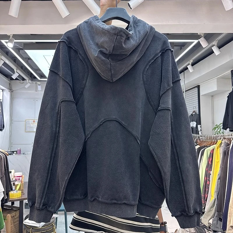 Vintage Washed Embroidered Patchwork Hoodie Men Women Top Quality Heavy Fabric Sweatshirts Oversize Pullovers Hooded